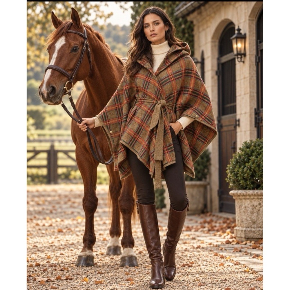 Anthropologie Plaid Cape One Size Classic Heritage Equestrian Fall Poncho Hooded